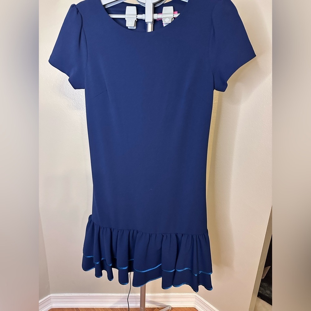 Betsey Johnson Shift Dress Navy Blue Ruffle Hem Ribbon Trim Stretch Size 6